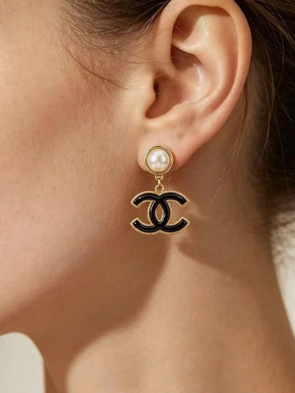CHANEL Drop Logo Pearl Earrings